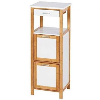 Estante de baño Finja de bambú con 2 estantes y 1 cajón, 34 x 89 cm, marrón y blanco