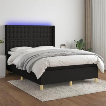 Cama box spring con colchón y luces LED en tela negro 140x200 cm