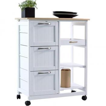 Carro de cocina con ruedas Anaterra, práctico carro de servicio con 3 cajones y 3 niveles de almacenamiento, encimera de madera, estilo rústico en elegante blanco, dimensiones 67x37x84 cm