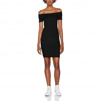 Urban Classics Ladies Off Shoulder Rib Dress - Short Black Dress for Women (XS to XL)