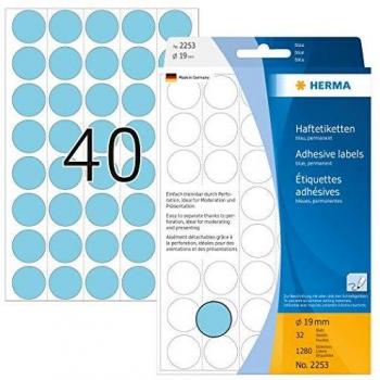 Etiquetas Multifuncionales HERMA 2253, Redondas, Ø 19 mm, Color Azul, Papel Mate, Paquete de 1280 Etiquetas