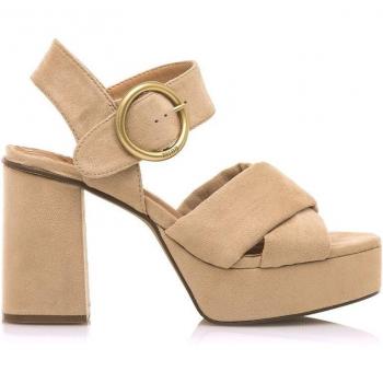 Mustang Sandalias de Tacón Mujer 53402 Antelina Beige con Tiras Cruzadas y Cierre de Hebilla