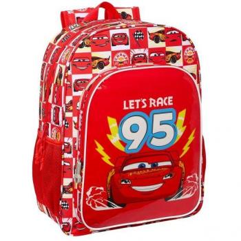 Mochila Escolar Cars Let's Race Adaptable a Carro, 33cm, Rojo y Blanco, 33x42x14 cm - Safta