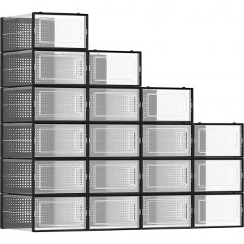Set de 18 cajas de zapatos apilables y plegables, organizadores de almacenamiento para calzado hasta talla 46, en colores negro y transparente (33,5 x 23,2 x 14,3 cm)