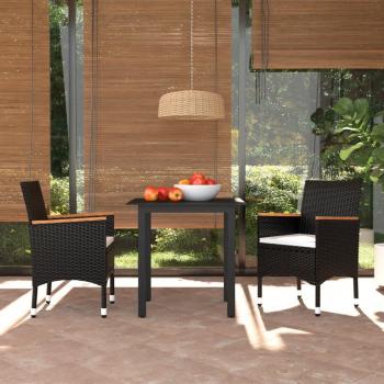 3-Piece Black Poly Rattan Garden Dining Set with Cushions