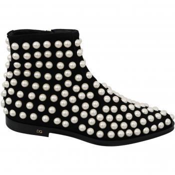 Dolce & Gabbana Black Suede Pearl Studs Boots Shoes - EU39/US8.5