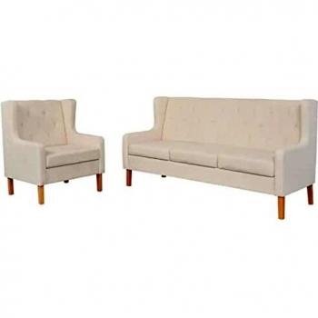 vidaXL Set Sofás 2 Piezas Tela Blanco Crema Sillón Asiento Banco Mueble Salón