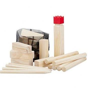 Juego de Kubb Vikingo Relaxdays, 21 Piezas, Madera de Cerezo, Rey Rojo, Grande, Juego de Jardín con Bolsa