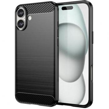 Funda para móvil iPhone 16 Plus Carcasa Protectora Antigolpes Silicona Negra Diseño Fibra de Carbono Resistente Absorción de Choque [Compatible Carga Inalámbrica]