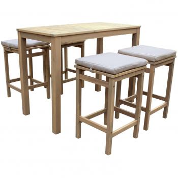 Happy Garden Conjunto de mesa alta y 4 taburetes de acacia con cojines de arena para 4 plazas