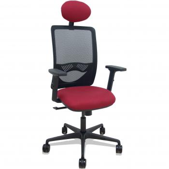 Silla Zulema sincro malla negra, asiento Bali granate, brazos 2D, ruedas de 65mm, cabecero