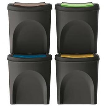 Set de 4 cubos de basura 100% plástico reciclado, negro, capacidad de 25 litros cada uno