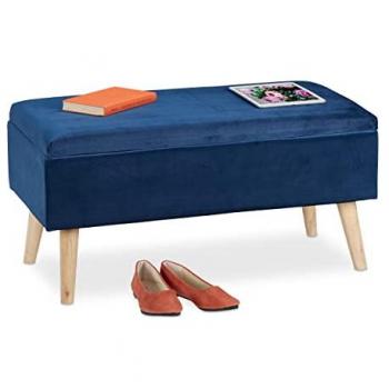 Baúl de Almacenamiento Acolchado de Terciopelo Azul Oscuro con Patas de Madera, 40L, 41x80x40 cm