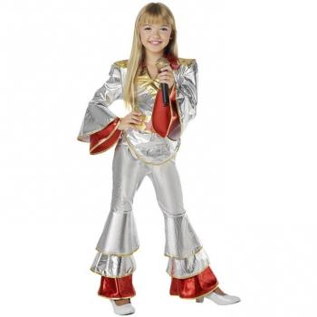 Disfraz de Disco Plata Años 70 para niña - Incluye vestido brillante, mangas acampanadas, cinturón a juego y accesorios opcionales como diadema