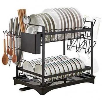 LZDMY Escurridor de Platos con Bandeja de Goteo, Escurreplatos Negro de 2 Niveles, Rejilla para Platos con Bandeja, Escurridor Platos para Almacenamiento y Organización en Cocina