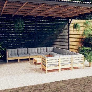 12-Piece Pinewood Garden Lounge Set with Grey Cushions