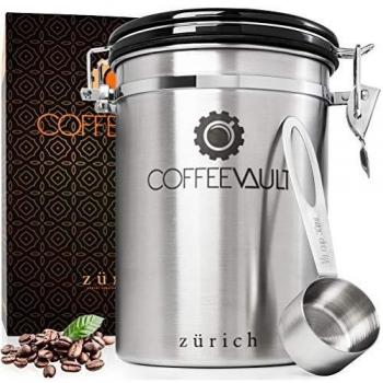 Coffee Vault Premium Coffee Canister Airtight | Large Stainless Steel Coffee Container by Zurich for 500g Coffee Storage with Measure Scoop | Roasted Coffee Beans and Ground Coffee Freshness Protected