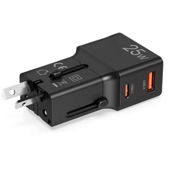 Adaptador de Viaje Universal 25W con Doble USB-A y USB-C, Compatible en más de 150 países, Diseño Slim, Color Negro