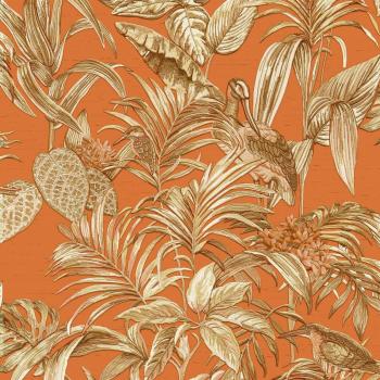 Papel Tapiz Texturizado de Aves Tropicales Naranja y Dorado - Vinilo para Pegar en la Pared