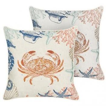Conjunto de 2 cojines cuadrados de lino y algodón beige con motivo de cangrejo marino, relleno de poliéster, 45 x 45 cm