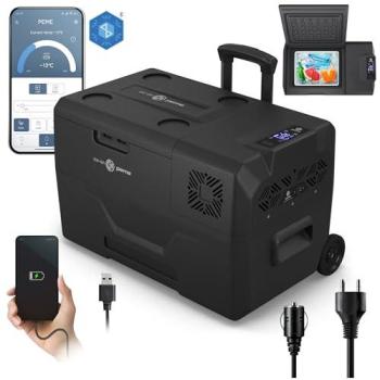 Nevera portátil eléctrica Peme Expedition 27L con compresor, doble alimentación 12V/24V y 230V, control por app Bluetooth, modo Eco y ruedas