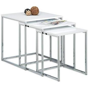 Set de 3 Mesas Auxiliares Modernas, Madera y Metal, Blancas, 42 x 40 x 40 cm - Relaxdays