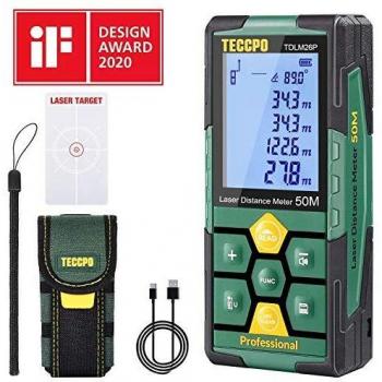 Medidor Láser 50m, USB 30mins Carga rápida, TECCPO Telémetro láser, Electrónico Ángulo Sensores, 99 Datos, 2.25'' LCD Retroiluminación, Medición de distancia, Área, Volumen, Trípode, IP54, TDLM26P