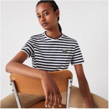 Camiseta Lacoste Rayas Marino para Mujer, Manga Corta, Estilo Loose, Color Negro y Blanco, Talla 34