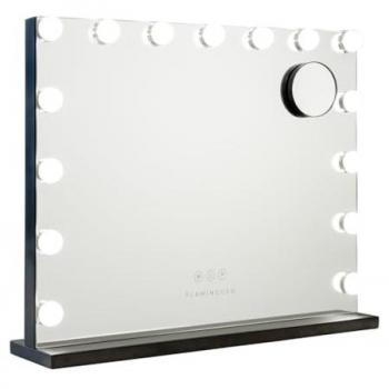 Espejo de Maquillaje Flamingueo con Luz LED, 15 Bombillas, 3 Modos de Luz, Control Táctil, Tamaño Mediano (58x46x12cm), Color Negro