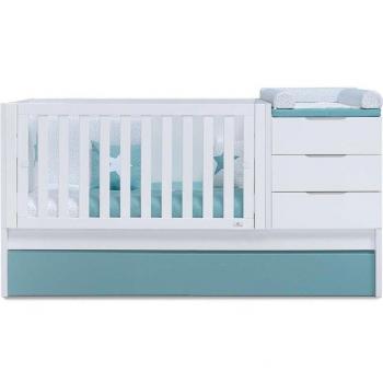 Cuna convertible Sero More Alondra con cama nido y diseño blanco/verde-agua de 70x140 cm