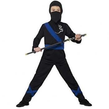 Smiffys-21073L Disfraz de Asesino Ninja, con Capucha, máscara, Parte de Arriba y, Color Negro y Azul, L-Edad 10-12 años