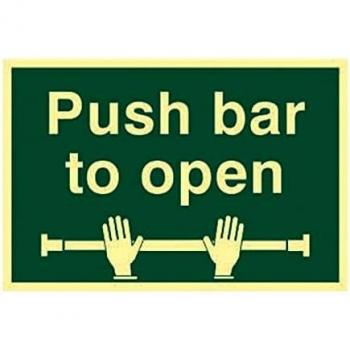 Fire Exit Push Bar To Open Sign, Photoluminescent, 300 x 200mm, 1.3mm Rigid Material