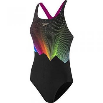 Speedo Colourglow Placement Digital Medalist Bañador, Mujer, Black/Electric Pink/Lava Red/Mango/Green Glow, 32