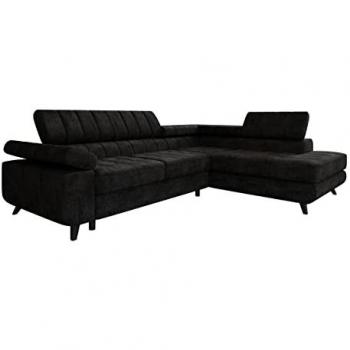 Sofá rinconero Comfivo 207, negro, con función de descanso y caja de ropa de cama, 264x203x73cm