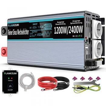 Inversor de Corriente de Onda sinusoidal Pura 1200W Convertidor DC 12V a AC 230V convertidor de inversor con Mando a Distancia Duales enchufes EU y Duales Puerto USB