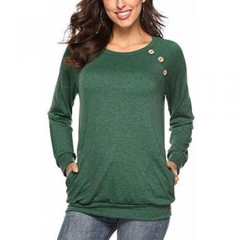 Martiount Camiseta de Manga Larga para Mujer con Bolsillo Botón Design Blusa Camisa Cuello Redondo Basica Camiseta Tops Otoño Casual T-Shirt Green XXL