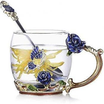 evecase -Esmalte Hecha a Mano Cristal Taza,Taza de Té y Café, Motivo 3D de Mariposas y Flores,Regalos Originales para Mujer Esposa Friends Mama Profesora Amiga Cumpleaños Navidad Dia de la Madre