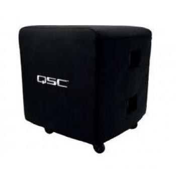 QSC E118SW-CVR Subwoofer Cover, designed for QSC E118SW subwoofers, made of durable fabric for protection against dust and moisture, features a padded interior for added safety during transport, includes access openings for handles,