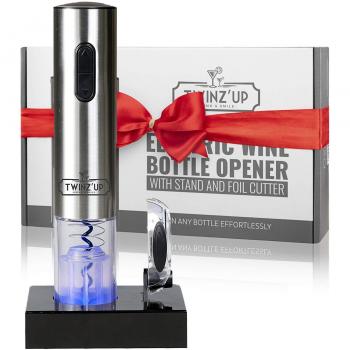 Twinz'up Sacacorchos Eléctrico Inalámbrico - Estuche Premium con Cortador de Cápsulas y Base de Recarga - Profesional Automatico Abrelatas de Vino - El Regalo Ideal - Abridor Botellas