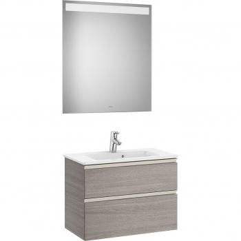 Conjunto de baño compacto Roca The Gap con mueble de 2 cajones, lavabo y espejo con luz LED, color Roble City texturizado, 700 mm