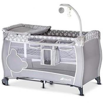 Hauck Babycenter cuna de viaje plegable compacto desde nacimiento hasta 15 kg, con doble altura para recién nacidos, cambiador, almacenamiento de utensilios, ruedas, bolsa de transporte, arco - gris