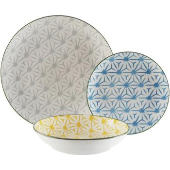 Vajilla 18 piezas con diseño rombo tricolor en porcelana de alta calidad