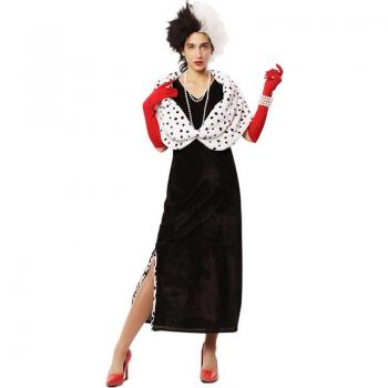 Disfraz de Lady Dálmata para mujer - Incluye vestido con estampado de manchas, capa negra, diadema con orejas de dálmata y guantes
