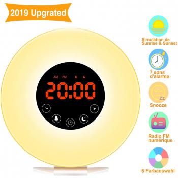 Wake Up Light, Swonuk Wake Up Light Despertador Luz de función Snooze/Sol/Puesta del Sol/Radio FM/6 Sonidos Naturales/7 Colores/10 Niveles de Brillo