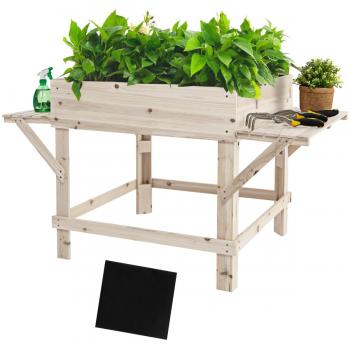 Maceta Elevada Costway con 2 Mesitas Laterales, Cama de Flor Vertical para Jardín Patio Balcón, Madera Natural de Abeto, Dimensiones 132 x 76 x 75 cm