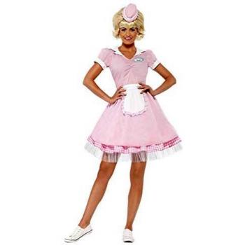 Smiffys-43183L Traje de Chica Diner de los 50, con Vestido y Mini Sombrero, Color Rosado, L-EU Tamaño 44-46