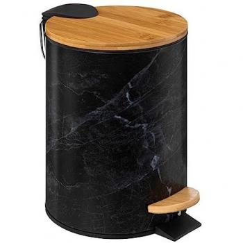 Papelera de Metal Soft Close 3L Lea Efecto Mármol Negro con Tapa de Bambú