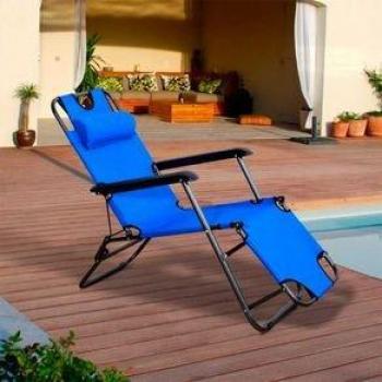 Outsunny Tumbona Plegable y Reclinable con Respaldo Ajustable, Reposabrazos, Almohada y Reposapiés para Jardín y Terraza - Color Azul - Tela Oxford y