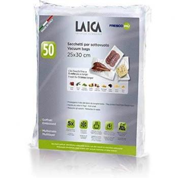 50 bolsas de plástico gofradas de 25x30 cm Laica VT3510 especiales para el envasado al vacío de alimentos. Libre de BPA.