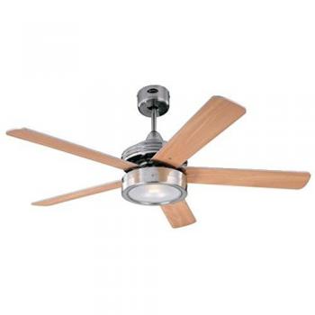 Ventilador de techo 132 cm con lámpara, aspas dobles arce/wengué, acabado níquel/acero